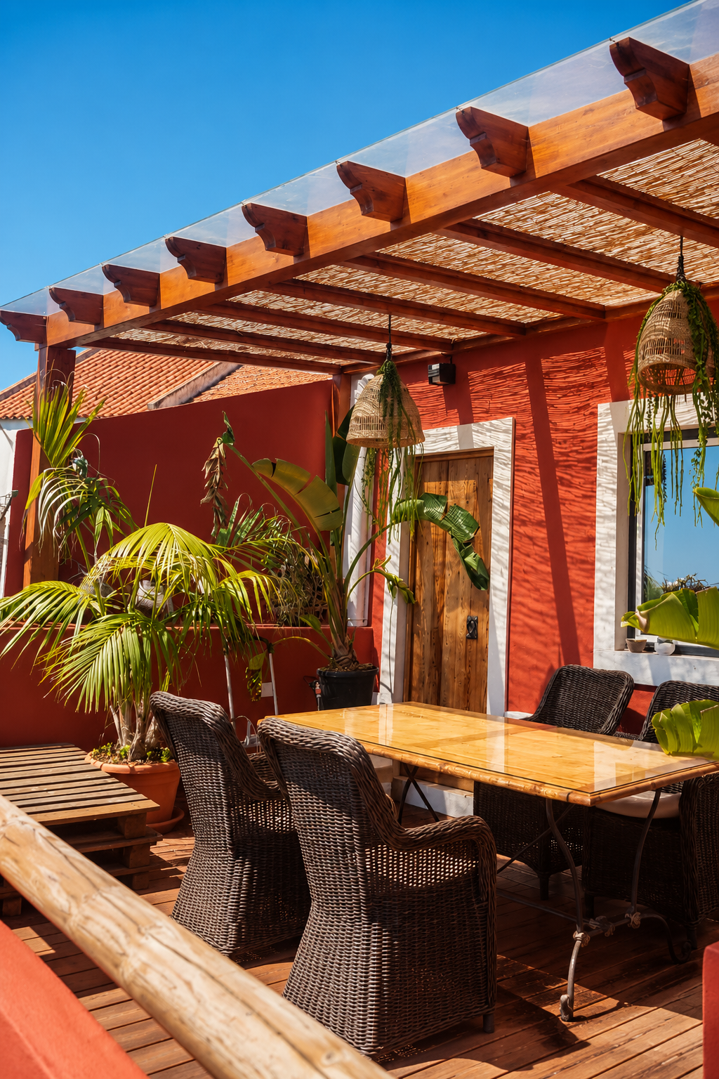 The shaded pergola and long table on the terrace at the villa near Lisbon